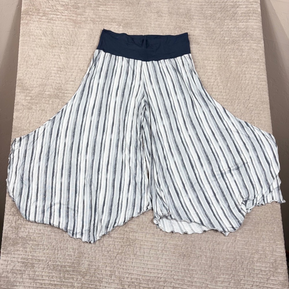 Ruby Jane Striped Wide Leg Palazzo Pants Navy Grey Boho Handkerchief Hem Size 3